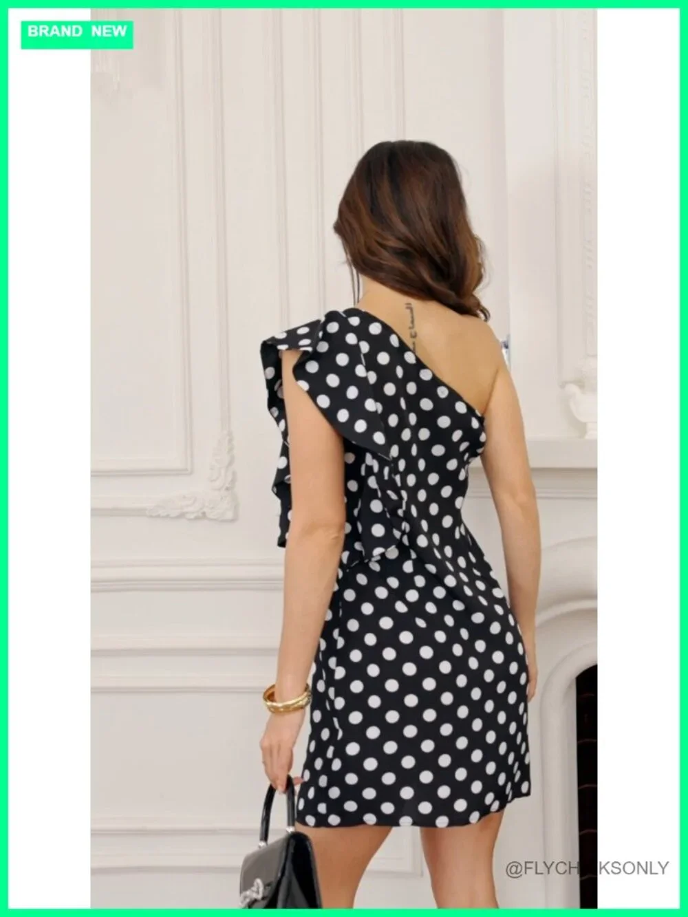 Women's Polka Dot Ruffle One Shoulder Bodycon Mini Dress